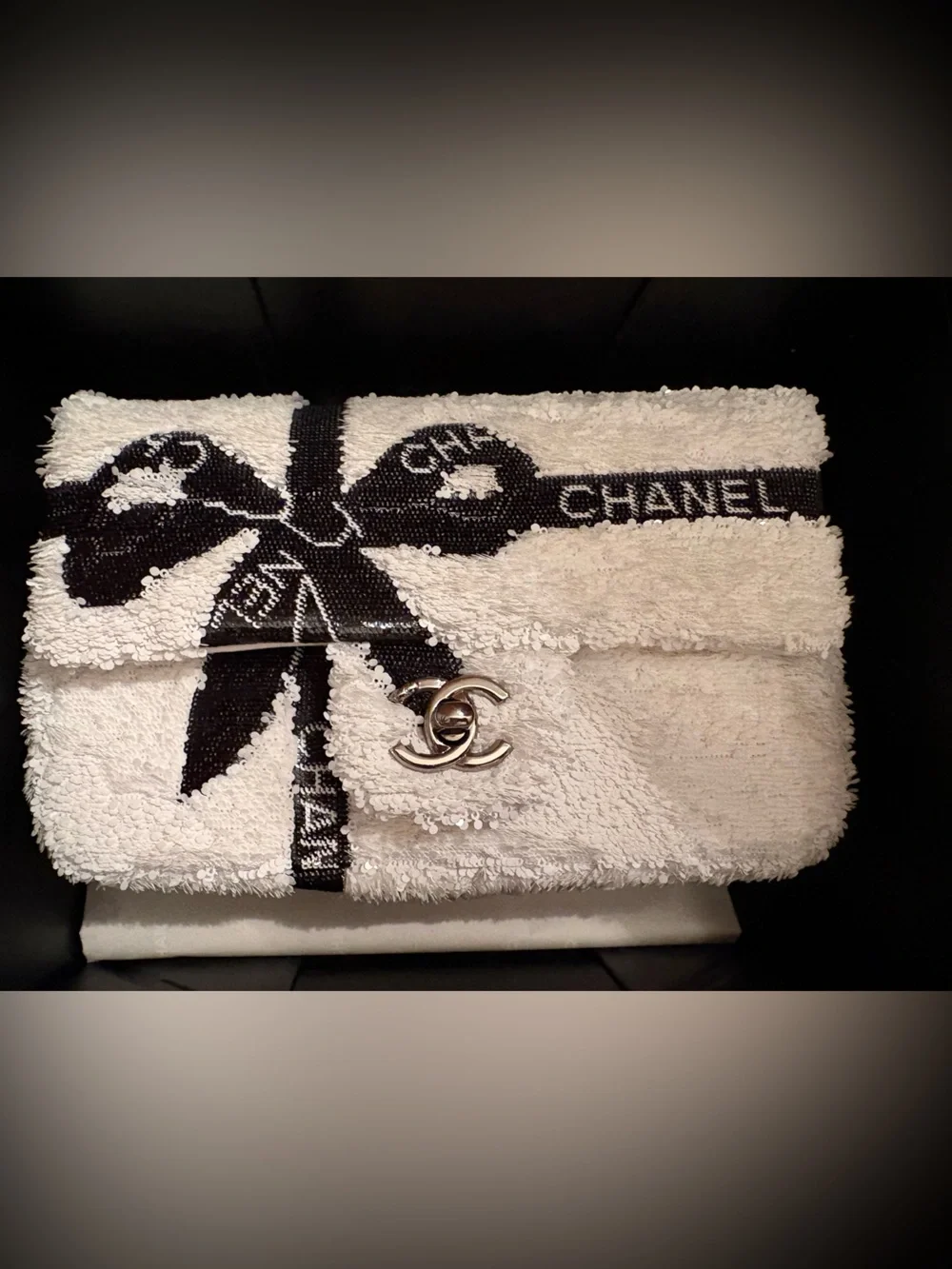 Chanel 24B Sequin Ribbon Bow Mini Rectangular Flap Bag White/Black